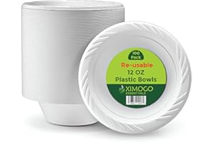 XIMOGO Pack of 100 White Plastic Bowls – 12 OZ, Washable & Reusable –Microwaveable- Perfect for Parties, Dessert, and Picnic Tableware.Reliable,Stackable,Reuseable and Light Plastic Bowls.