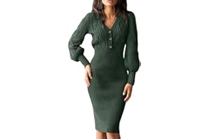 Cicy Bell Damen Strickkleid V-Ausschnitt Kleid Knielang Pulloverkleid mit Knopf Sexy Langarm Kleider Lang Winter Midikleid