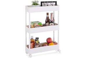 ‎APICIZON APICIZON Rollwagen, Küchenwagen auf Rollen, Rollwagen Schmal für Badezimmer, 40 x 13 x 67cm, Waschküche, Schlafzimmer, Büro, Weiss, 3 Tier Aufbewahrungswagen