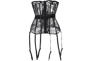 WEITING Nuovo Corsetto Sexy Europeo e Americano con Reggicalze Cavo Trasparente in Pizzo a Rete in Osso Modellante-Nero-L