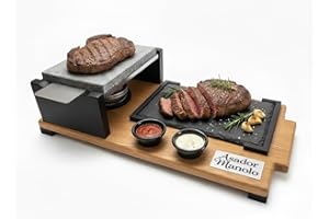 PIEDRASAR PIEDRAS PARA ASAR PIEDRASAR Piedra Volcánica para Asar, 15x20 cm, Set con Plato de Pizarra, Quemador de Alcohol y Salseros, Base de Roble