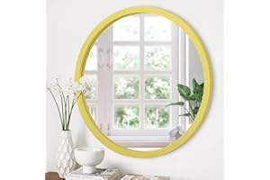JJUUYOU Circle Wall Mirror 50 CM Wall Mounted Yellow Round Vintage Mirror for Bathroom Wood Frame Mirror for Living Room, Bedroom, Washroom, Dorm