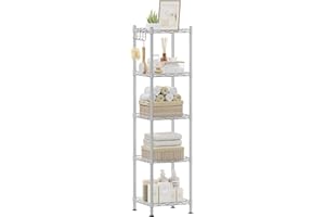 SONGMICS Bathroom Shelf, Metal Storage Rack, Total Load Capacity 100 kg, with 5 PP Sheets, Removable Hooks, 30 x 30 x 123.5 cm, Expandable Design, for Small Space, Silver and Translucent LGR023S01