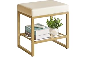 Aibiju Sgabello da Toeletta Quadrato, Sgabello da Toeletta con Piedini Regolabili e Spazio di Archiviazione, Piccolo Sgabello da Trucco per Toeletta, Camera da Letto, Soggiorno, Bianco YD-JD150W