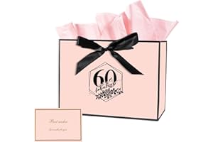 BLICEON 60th Birthday Gift Bag, 60th Birthday Gifts for Women, Medium Bow Gifts Bag with Wrapping Paper and Card, Birthdays Supplies for Women Celebration Gift Bags (Pink)