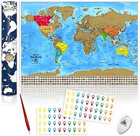 Scratch The World Map (84.1 x 59.4 cm). Scratch And Track Countries Visited. With US States and Cities