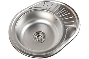 ANW HOME Edelstahl Küchenspüle mit Abtropffläche 57x45 cm mit Siphon klein rund Waschbecken Mikro Dekor Topmount Einzelbecken