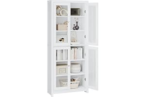 ‎FOREHILL FOREHILL 190 cm Vitrinenschrank, Bücherschrank mit 4 Türen 6 Fächern, Hochschrank, Schrank für Wohnzimmer Küche Esszimmer Büro, weiß