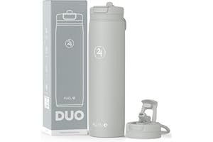 Fuel24 Duo - Stainless Steel Water Bottle 700ml or 1L - Vacuum Insulated Metal Flask with Straw (Dual use Lid) 1 Litre - for Sports, Gym, Work – Slim Design (Granite, 700 ml)