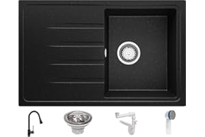 Lavello Cucina 78 x 50 cm, Lavandino Cucina in Granito 1 vasca + Rubinetto + Sifone Classico, Lavabo Cucina Incasso Milano di Primagran, Nero Metallic