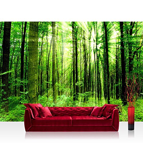 Fototapete Wald - ALLE WALDMOTIVE auf einen Blick ! Vlies PREMIUM PLUS - 200x140 cm - SUNLIGHT FOREST - Wald Bäume Sonnenstrahlen grün Ruhe - no. 061