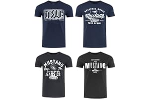MUSTANG Herren T-Shirt 4er Pack Frontprint O-Neck Rundhalsausschnitt Kurzarm Regular Tee Shirt 100% Baumwolle Schwarz Weiß Grau Blau Grün S M L XL XXL 3XL 4XL 5XL 6XL