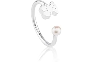 TOUS Anillo de Plata de Primera Ley para Mujer con Motivo de Oso y Perla, Perla de 0,4cm, Anillo Abierto y Versátil, Colección Sweet Dolls