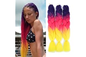 FANWYFYU Ombre Braiding Hair, 3Pack/Lot Ombre Braiding Hair Extensions High Temperature Synthetic 24inch Pre Stretched Braiding Hair,for Box Braids Braiding Hair (Purple-rose Red-Yellow)