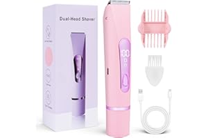 AYBUY Recargable Recortador de Bikini de Doble Cabezal, 2 en 1 Recortadora de bikini eléctrica Mujeres y Hombres, Indoloro Maquina Depilar con estación recargable USB, para axilas, cara etc, Rosa