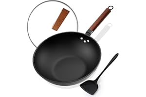 Kordisen Wok Antiaderente 33 cm/5,6 L con Coperchio, Senza Rivestimento Chimico, Wok Pre-stagionato, Adatto a Induzione/Elettrico/Gas