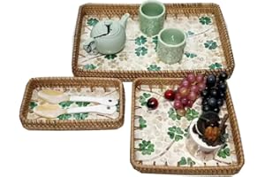SZETOSY Vassoio da portata in rattan con inserto in madreperla, confezione da 3 cestini rettangolari decorativi bohémien, per colazione, piatti da portata per pane, frutta, cibo, caffè (erba a quattro foglie)