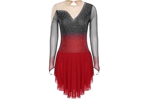 ranrann Femme Justaucorps Robe Patinage Artistique Gymnastique Danse Tenue Strass Manche Longue Spectacle Compétition S-XXL