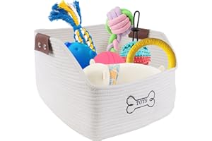 Ctomche Cotton Rope Dog Toy Storage Basket With Leather Handles - Collapsible Pet Bin for Cat Toys, Leash, Collar, Blankets, Chewproof