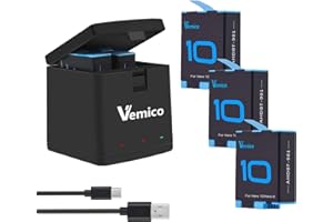 Vemico Hero 12/11/10/9 Akku Ladegerät Kit 3 Pack 1800mAh Ersatzakkus Typ-C LED 3-Kanal Ladegerät für GoPro Hero 12 Black/GoPro Hero 11 Black/GoProHero 10 Black/GoPro Hero 9 Black/AHDBT-901