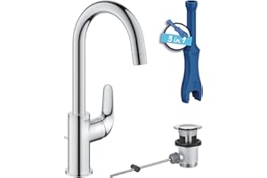 GROHE Swift, Waschtischarmatur hoch, wassersparend (Wasserhahn für das Bad, Badarmatur mit Zugstangen-Ablauf, 31cm hoch, mit 3in1 Werkzeug, einfache Installation am Waschbecken), chrom, 24330001
