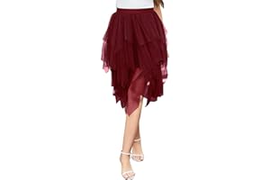 Wikoan Jupe Tulle Femme Midi-Longue Asymétrique Plissée pour Dames Taille Haute Jupes Midi Tutu Jupe en Filet Carnaval Halloween Daily Prom Party S-XXL