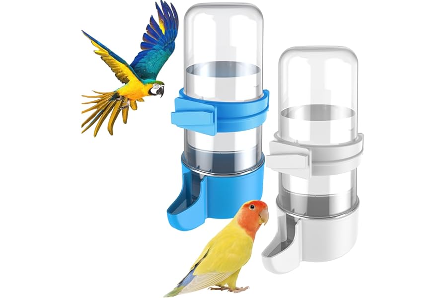 Pawfly 2 Pcs Bird Water Dispenser, Automatic Bird Water Feeder, Cage Accessories for Parrot & Hamster, White & Blue Waterer for Parakeet Cockatiel Budgie Lovebirds