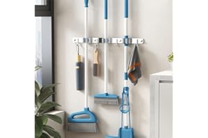 Damita Broom Holder Wall Mount Mop Hanger for Kitchen Garage Garden Metal Tool Organization - Stainless Steel Non-slip Broom Rack Mop Holder Wall Organizer 1-Pack (Silver, 3 Racks 4 Hooks)