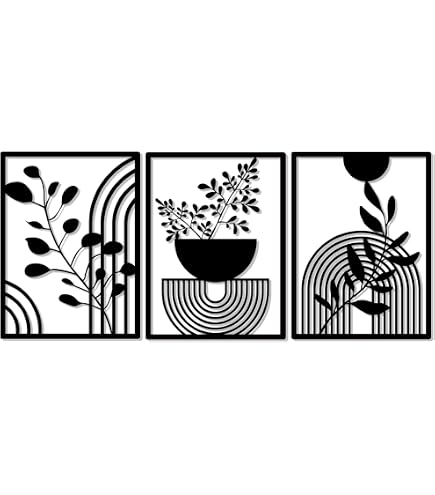 Lot De 3 Décorations Murales Métal – Forêt Lignes Abstraites – 30x40 Cm – Salon, Chambre, Bureau, Jardin
