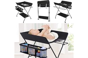 WILLONIN Table a Langer Pliante, Table à Langer Réglable en Hauteur avec Panier de Rangement, Ceinture de Sécurité et 4 Roues avec Frein (Noir)