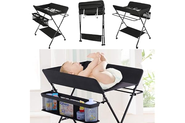 Table a Langer Pliante, Table à Langer Réglable en Hauteur avec Panier de Rangement, Ceinture de Sécurité et 4 Roues avec Frein-Diverses couleurs (Noir)