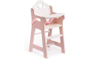 ROBUD Wooden Baby Doll High Chair, Toddler Pretend Play Doll Furniture with Adjustable Seat Belt, Movable Tabletop & Footrest, Suitable for up to 18 Inch Dolls, Role Play Toys for Kids Ages 3+ (Pink)