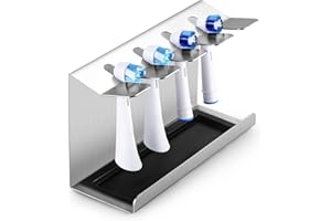 Siegvoll Porta Testine Spazzolino Acciaio Inox, Porta Testine per Spazzolino Elettrico per Oral-B, iO, Philips Sonicare, ecc. Portaspazzolino con Vaschetta di Raccolta, Supporto per 4 Testine