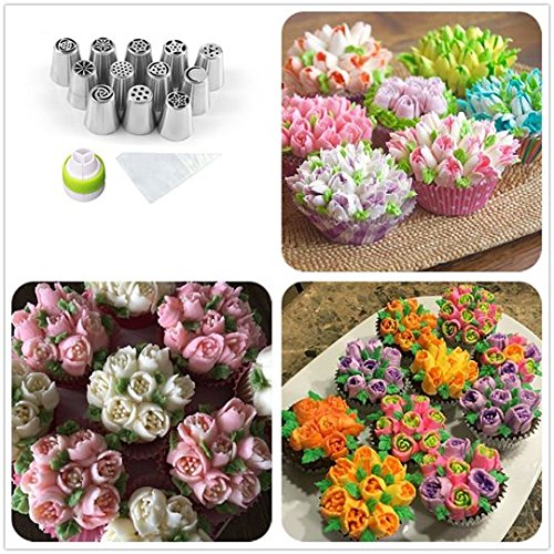 33tlg Spritztüllen Set , ink.12st Spritztüllen Russisch Edelstahl Spritztülle Set Torten Tüllen Garniertülle mit 20st 12.5 inch Spritzbeutel 1st 3 in 1 Verbindungsstücke,Perfekt Für Kuchen, Cupcakes, Plätzchen Und Gebäck