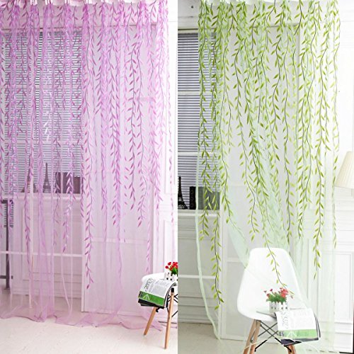 Generic Weidenzweige Pflanze Muster , Transparente Voile Vorhänge Vorhang Volant für Fenster Hochzeit im Sommer Dekoration – Grün, 200 x 100cm - 2