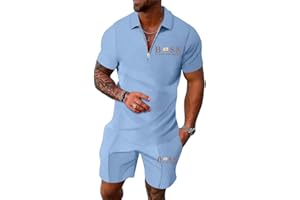 Tinarying Men's Tracksuit Polo Shirt & Shorts 2 Pieces Boss Flexx Apparel Men's 2-Piece Activewear Short Sleeve Polo Shirt and Shorts Set Casual Sportswear Zip-Up Top with Pocketed Pants