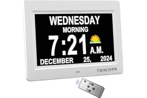 TROCOTN Zegar z demencją, duży zegar cyfrowy dla seniorów, duży wyświetlacz z niestandardowymi alarmami, zegar ścienny z dniem i datą, budzik, zegar biurkowy (7 Cali, Biały)