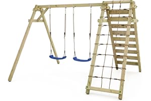Altalena WICKEY Smart Cliff gioco per bambini, altalena doppia in legno da esterno o da giardino con modulo ampliato per arrampicate