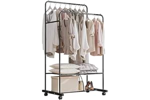 Isyunen Stand Appendiabiti in Acciaio Autoportante Canne Doppie MultifunzionalePorta Abiti con Ruote Tubo Rivestito in Acciaio Inossidabile-Bianco (Nero)