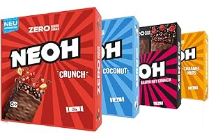 ‎NEOH NEOH Zero Zucker Low Carb Protein Crunch Riegel Mix | Schokolade, Himbeere, Kokosnuss, Karamell | 1g Zucker, 3g Netto-Kohlenhydrate pro Riegel | Probierpaket | 12 Pack