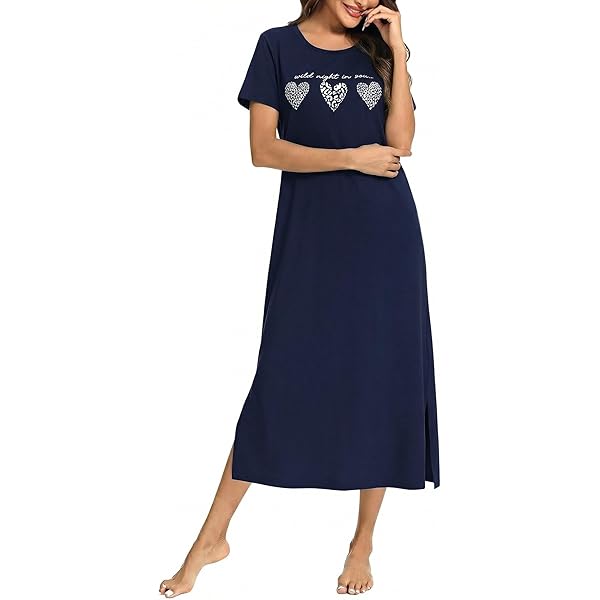 Wikoan Dames lang nachthemd plus size zachte nachtjapon korte mouwen casual maxi lounge jurk met zakken S-XXL, Zwart, XL
