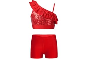 Freebily Completo Sportivo Bambina Metallico Lucido Tuta Ginnastica Artistica Danza Moderna Jazz Hip Hop Ragazza Paillettes Crop Top Pantaloncini Dancewear Performance