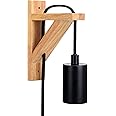 SHINY STAR Vintage Wall Light, Wooden Wall Light Sconce Indoor Light with Plug-in and Long Cable Black Braided Cable Wall Light Fixtures E27 Bulb Base Wall Light for Living Room HT207WPB