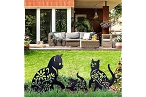 MSLing Cat Yard Art Jardin Statues Métalliques Déco, 3 PIÈCES Chat Évider Silhouette Forme Animale Pieu Décorations, Noir