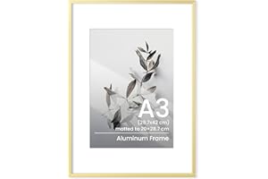 FEIHORRM A3 Picture Frame, Metal A3(30x42 cm) Photo Frame Gold A3 Frame with Mount for A4(21x29.7 cm) A3 Poster Documents Certificate Frame with Tempered Glass for Wall Mounting for Home Family Office