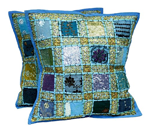 2 Stickerei Pailletten Ethnic Patchwork indischen Sari Überwurf Kissen Kissen, baumwolle, blau, 16 X 16 Inches