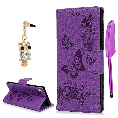 Sony Xperia XA1 Flip Hülle Sony Xperia XA1 Wallet Case YOKIRIN Premium PU Leder Flipcase Brieftasche Book Cover Ledercase Handyhülle Folio Schutzhülle Handytasche Handyschale [Standfunktion Kredit Kartenfächer Magnetverschluss] Groß Schmetterling Lila