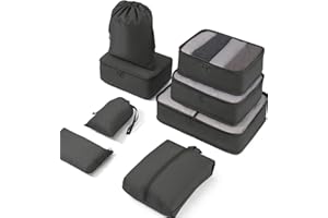 Meowoo Organisateurs de Voyage Cubes de Emballage Sac de Blanchisserie Bagage 8 Set Différents Tailles Sacs Rangement de Valise Sacs de Compression (Noir)
