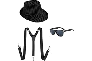 UILYNIU 3 Pieces Adults 1920S Gangster Costume, Men Costume Accessories Gangster Black Pinstripe Hat Braces Sunglasses, Mafia Gatsby Costume for 1920's Dress Up Panama Hats Party Fancy Dress
