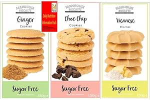 Farmhouse Sugar Free Biscuits For Diabetics Multipack Selection Vareity Box with zamfoods nutrition pack I Pack of 3 I - Viennese Shorties, Ginger & Choc Chip Cookies